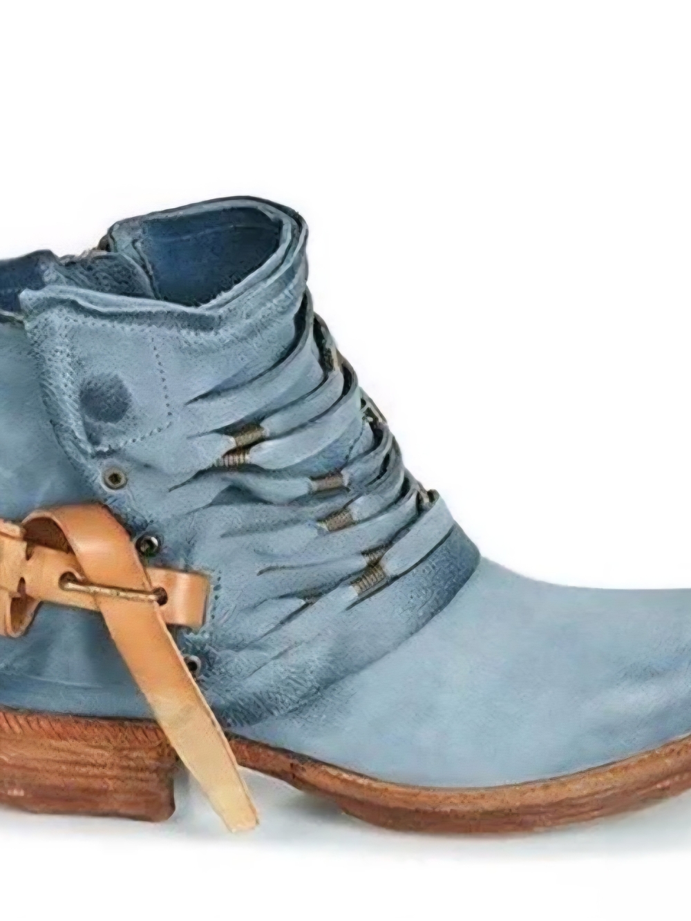 Light Blue Leather Ankle Boot with Tan Strap Accent